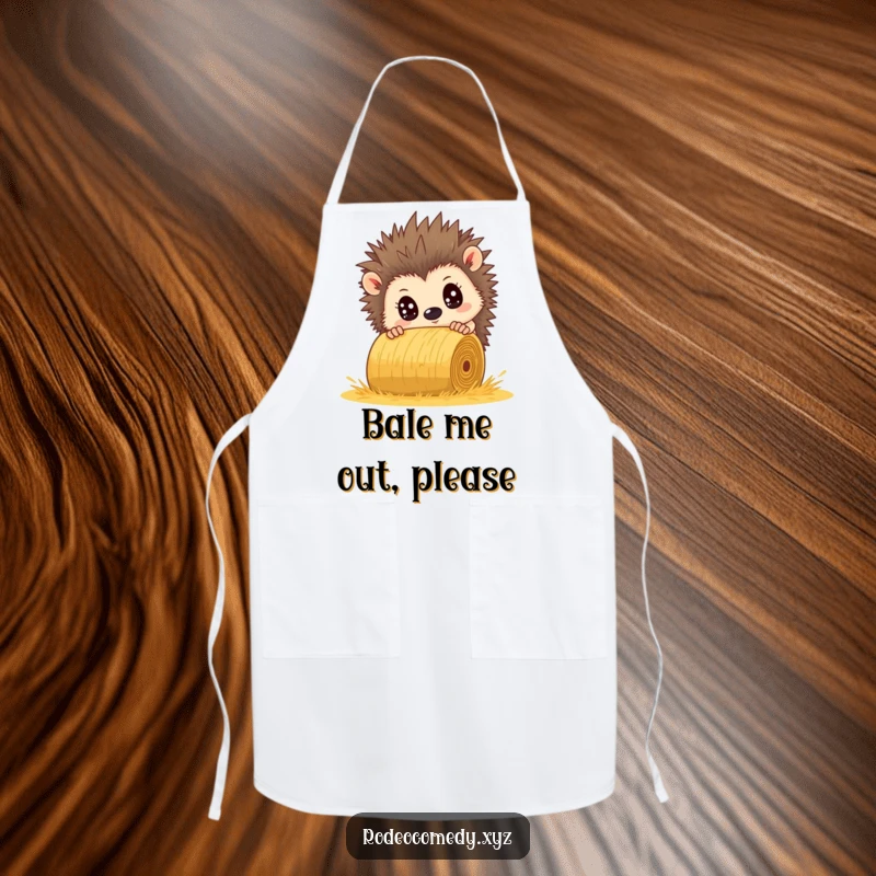 Funny hedgehog apron, eyes comically wide, dodging a rolling hay bale. A humorous kitchen essential.