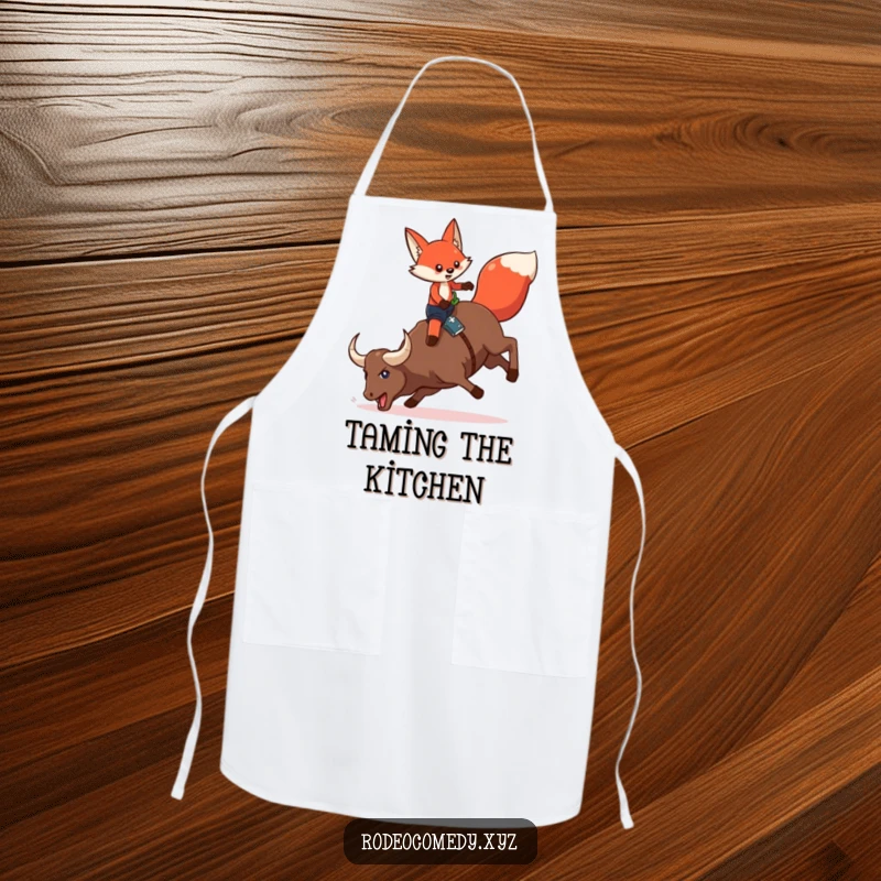 Funny red fox in chaps, attempting to ride a bucking mechanical bull, on a functional apron, bringing rodeo humor to the kitchen.