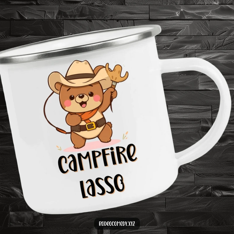 Funny cowboy bear in a hat, lassoing a tumbleweed, on a durable camping mug, ready for outdoor adventures and laughs.