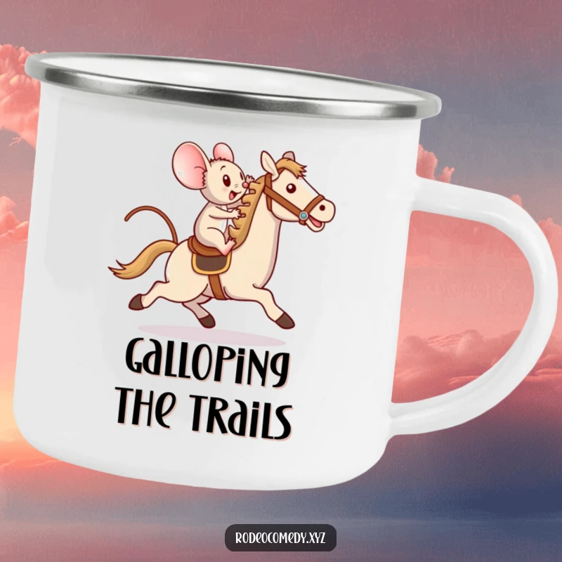 Funny camping mug with a determined mouse bravely riding a toy horse, perfect for outdoor enthusiasts who love brave and funny designs.