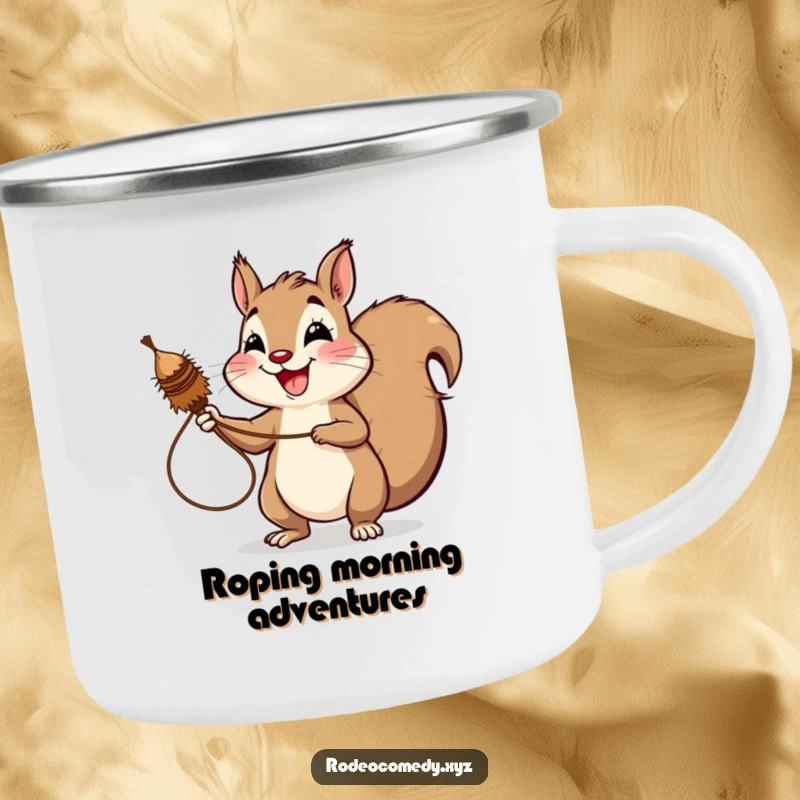 Funny squirrel camping mug, enthusiastically lassoing a tumbleweed with a wide, adventurous grin. Rugged and humorous.