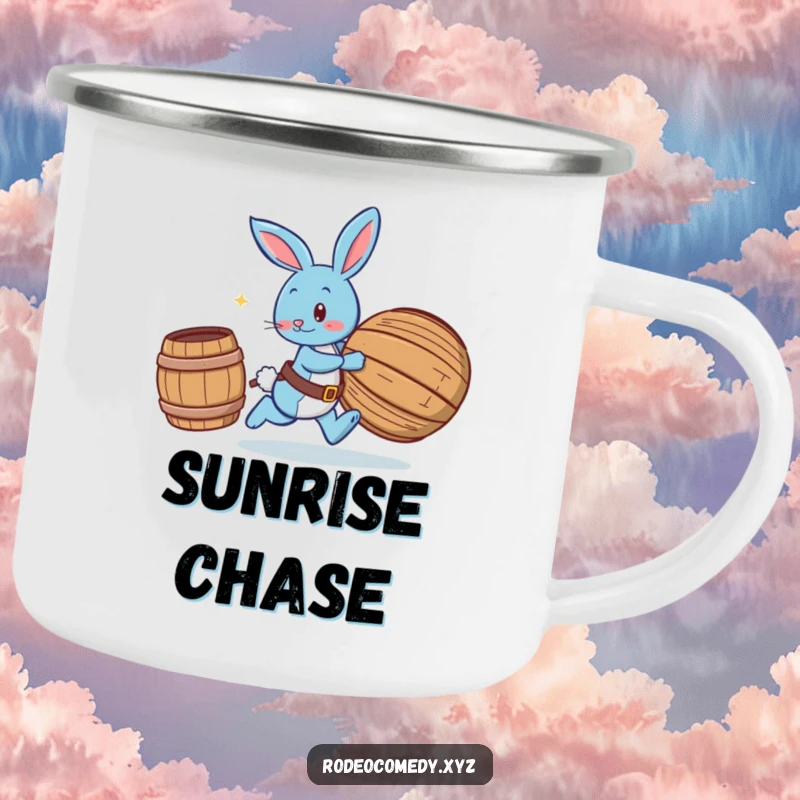 Funny blue bunny wearing spurs, chasing a rolling barrel, on a durable camping mug for outdoor adventures and laughs.
