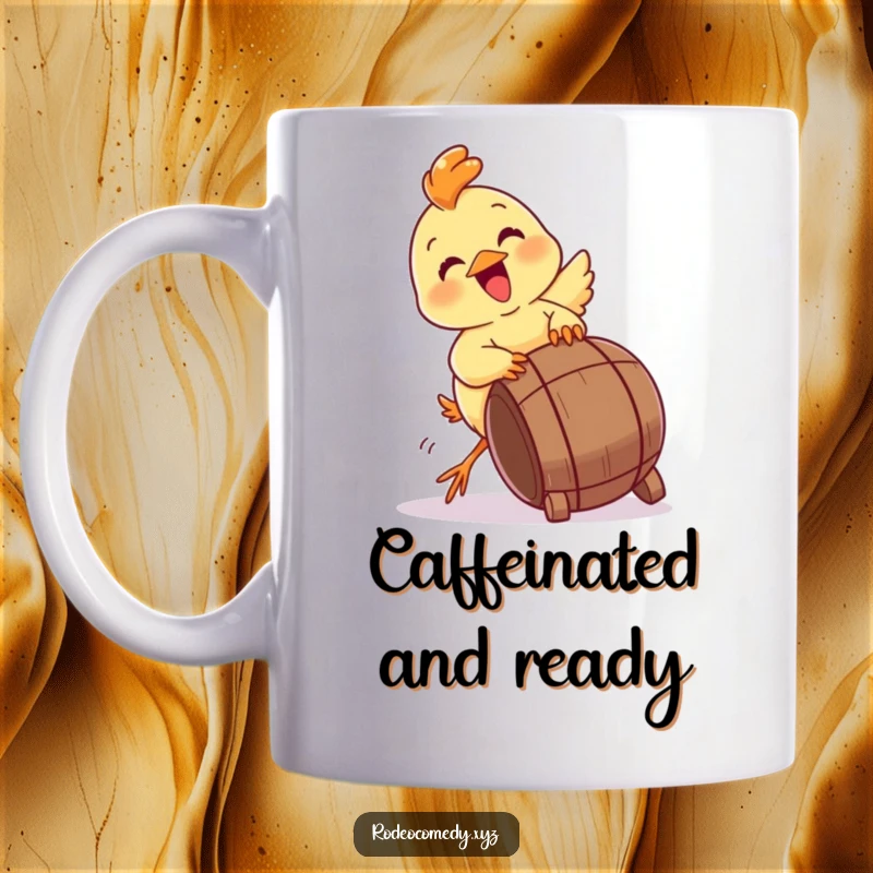 Funny baby chick mug, gleefully attempting to tip over a miniature barrel with excitement. Adorable and humorous.