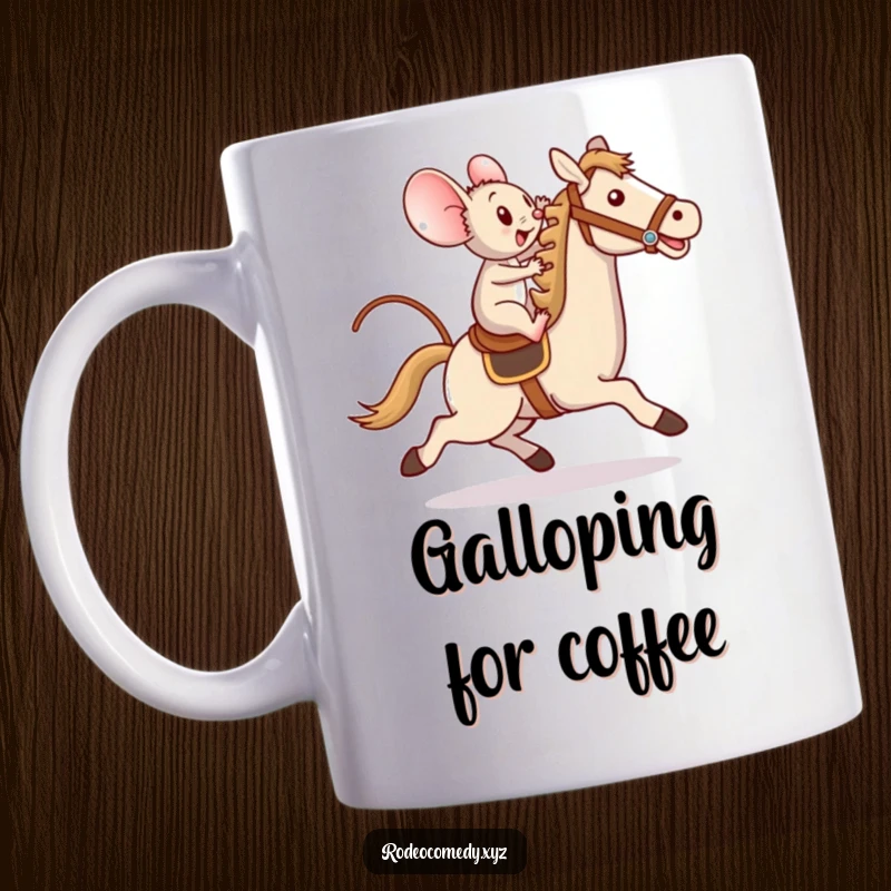 Funny mug showing a determined little mouse bravely riding a galloping toy horse with a triumphant expression.
