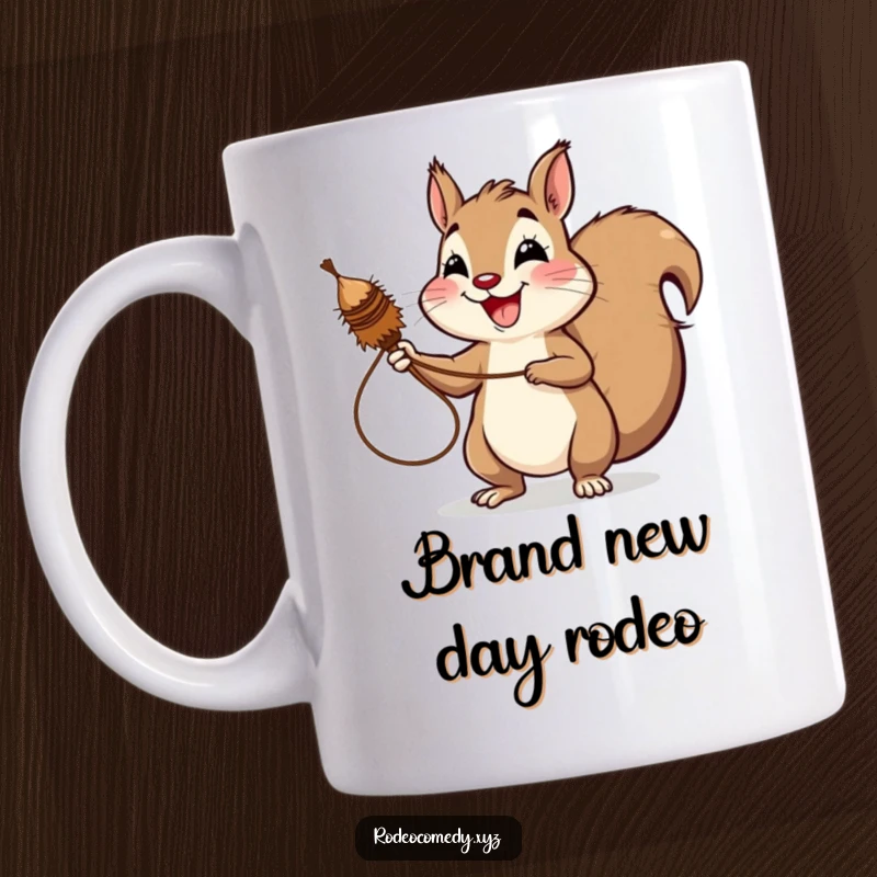 Funny squirrel mug, gleefully lassoing a spinning tumbleweed with a huge, happy grin. Perfect for nature lovers.