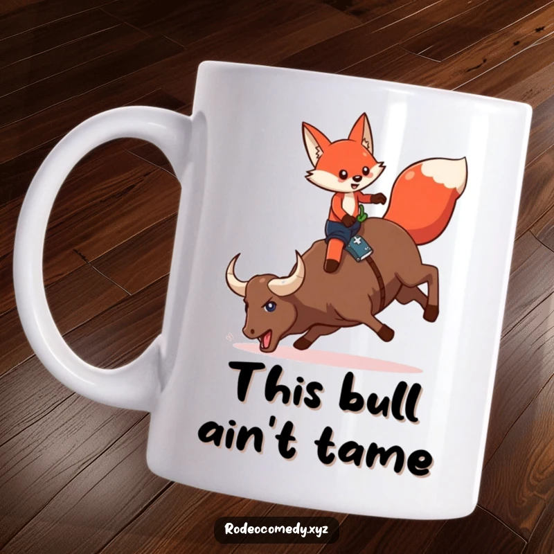 Funny red fox wearing chaps, trying to ride a bucking mechanical bull on a humorous mug, capturing a wild rodeo moment.