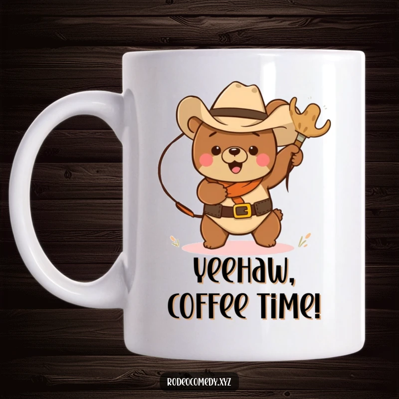 Funny cowboy bear in a hat, excitedly lassoing a rolling tumbleweed on a coffee mug, capturing a wild west adventure.