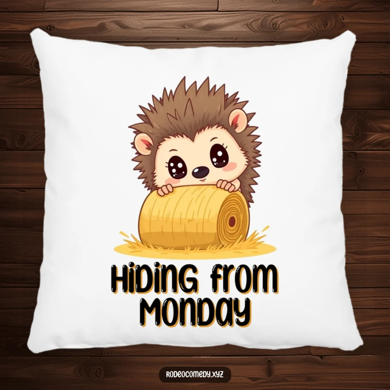 Funny hedgehog pillow, comically wide-eyed, attempting to evade a rolling hay bale. Soft and hilariously expressive.