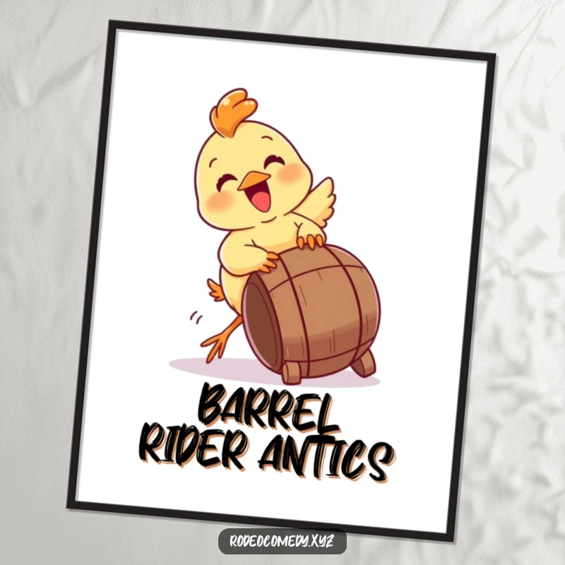 Funny baby chick digital art print, gleefully trying to tip a miniature barrel. High-res, cute, and humorous.