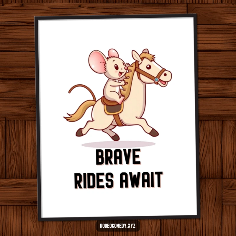 Funny digital art print of a determined mouse bravely riding a toy horse with a triumphant flourish, high-quality and humorous.