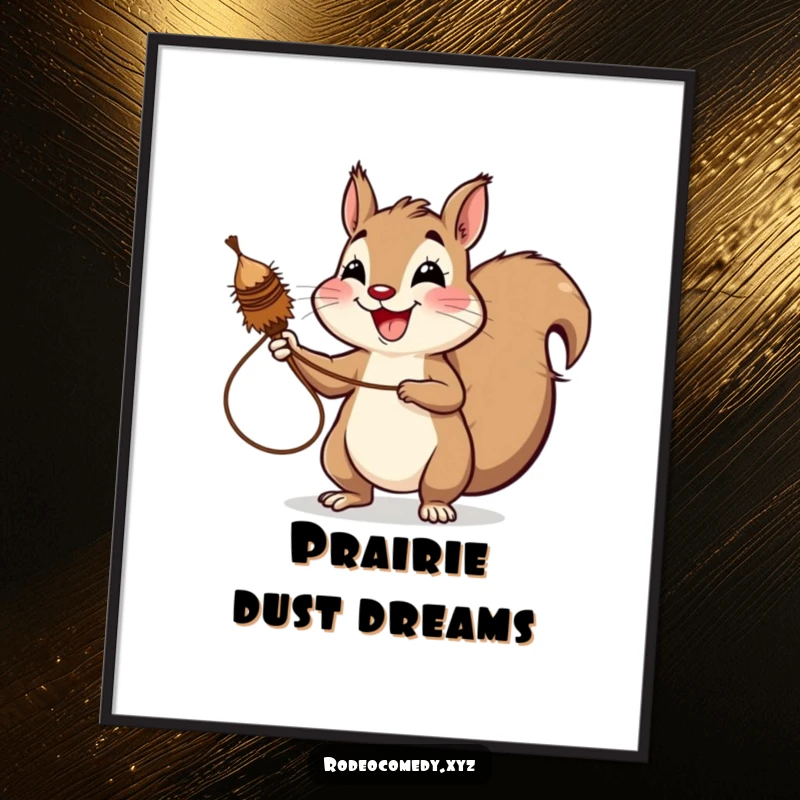 Funny squirrel digital art print, joyfully lassoing a tumbleweed with a wide, infectious grin. High-resolution, humorous art.