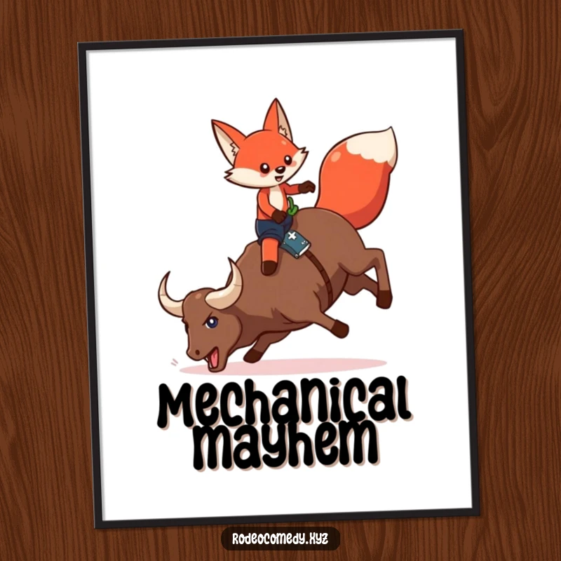 Funny red fox wearing chaps, attempting to ride a bucking mechanical bull, as a downloadable digital art print for instant wall decor.