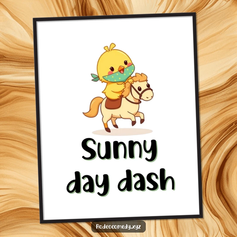 Funny yellow chick in a bandana, riding a small galloping hobby horse, as a downloadable digital art print for instant cheerful decor.