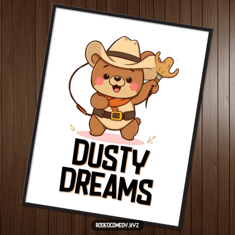 Funny cowboy bear in a hat, lassoing a bouncing tumbleweed, as a downloadable digital art print for instant wall decor.