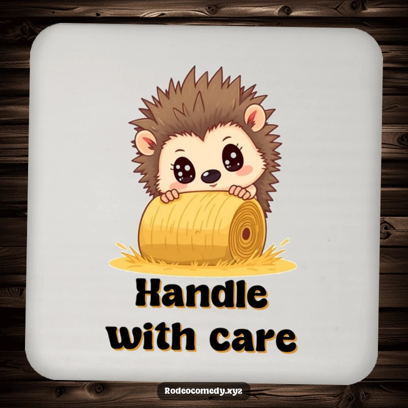 Funny hedgehog coaster, comically wide-eyed, dodging a rolling hay bale. Protects tables with humor.