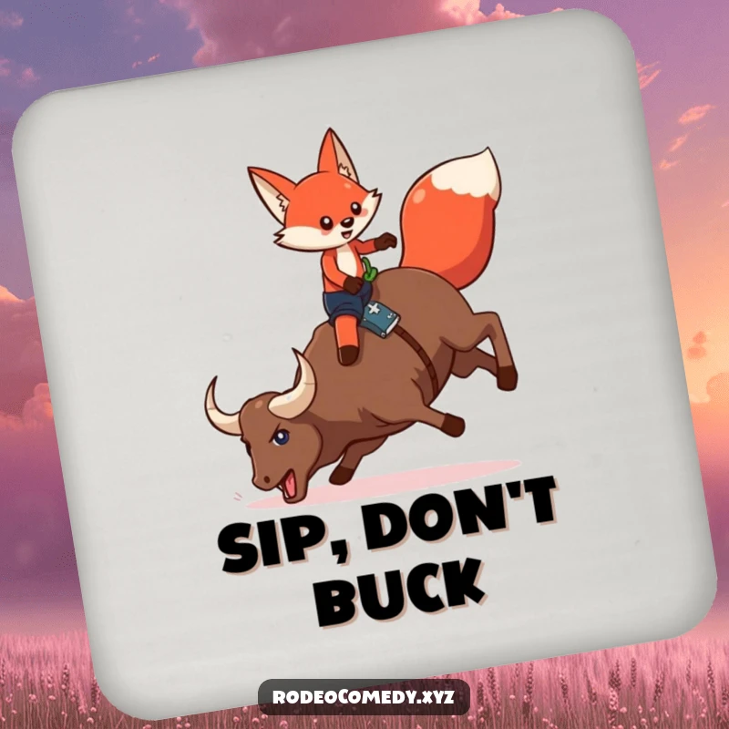 Funny red fox in chaps, on a bucking mechanical bull, printed on a protective drink coaster, adding rodeo humor.