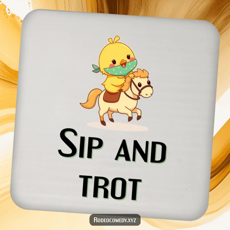 Funny yellow chick in a bandana, riding a small galloping hobby horse, printed on a protective drink coaster, adding cute humor.