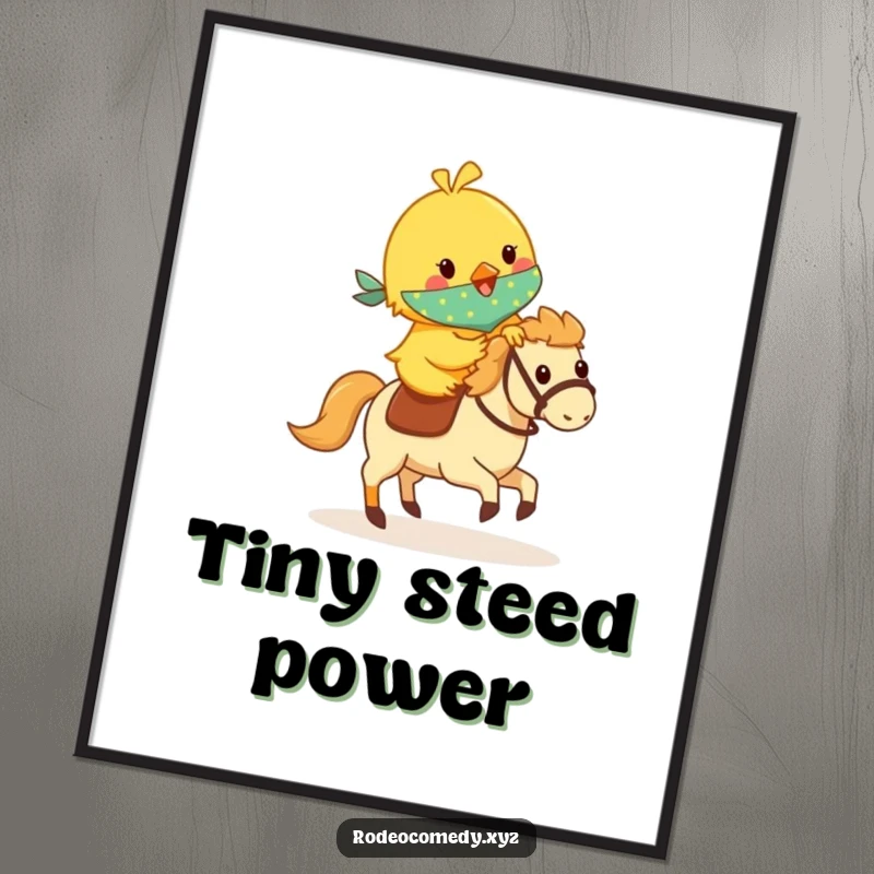 Funny yellow chick in a tiny bandana, riding a small galloping hobby horse, displayed as a humorous and cheerful art print.