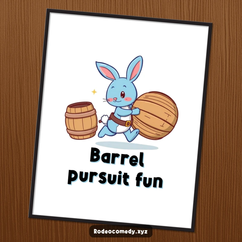 Funny blue bunny wearing spurs, playfully chasing a rolling barrel, displayed as a humorous and energetic art print.