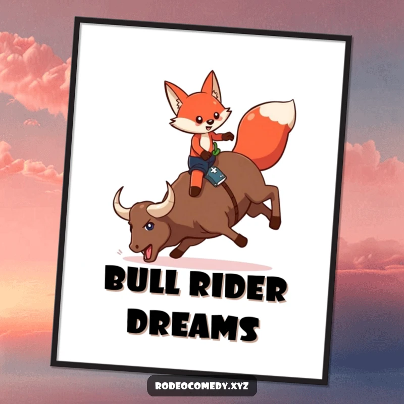 Funny red fox in chaps, on a bucking mechanical bull, displayed as a humorous western art poster for wall decor.