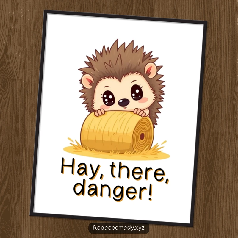 Funny hedgehog poster, eyes comically wide, desperately trying to dodge a rolling hay bale. A hilarious scene.