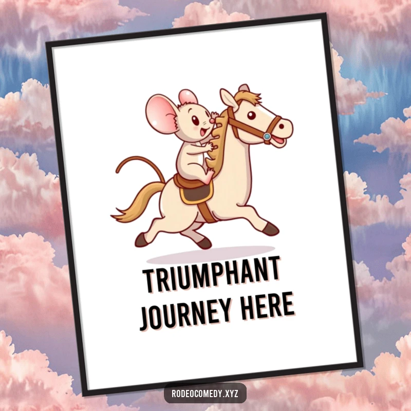 Funny poster art of a determined mouse bravely riding a toy horse with a triumphant flourish, embodying courage and adventure.