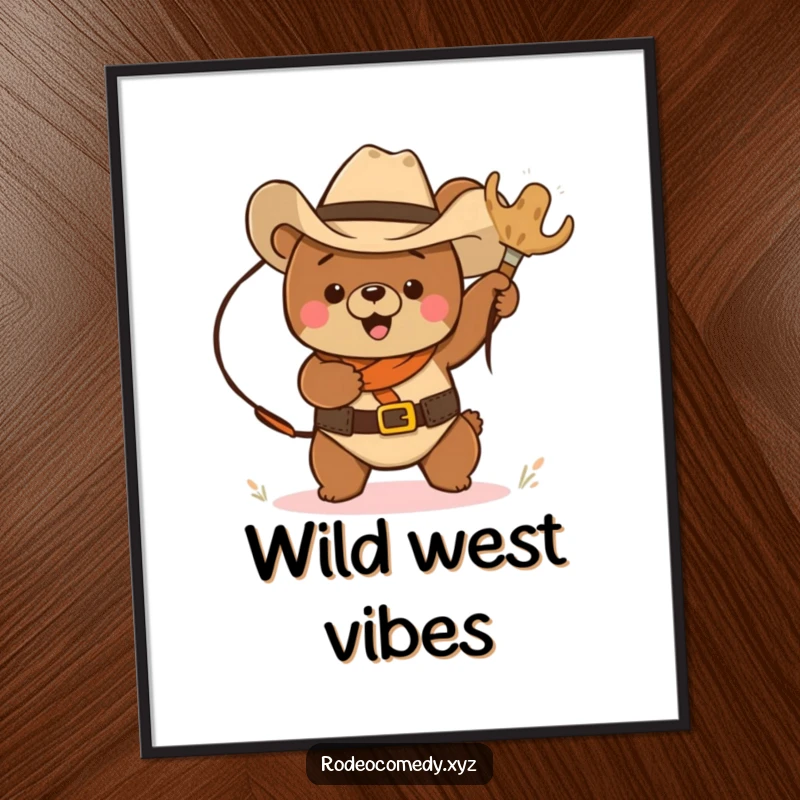 Funny cowboy bear in a hat, lassoing a tumbling tumbleweed, displayed as a humorous western art poster for wall decor.