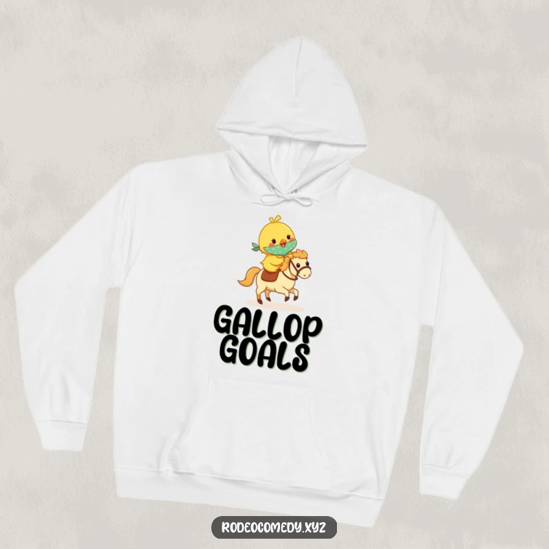 Funny yellow chick in a tiny bandana, riding a galloping hobby horse, printed on a warm hoodie for ultimate comfort and cuteness.