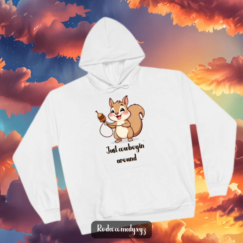 Funny squirrel hoodie, joyfully lassoing a spinning tumbleweed with a wide, happy grin. Adventure awaits in this design.