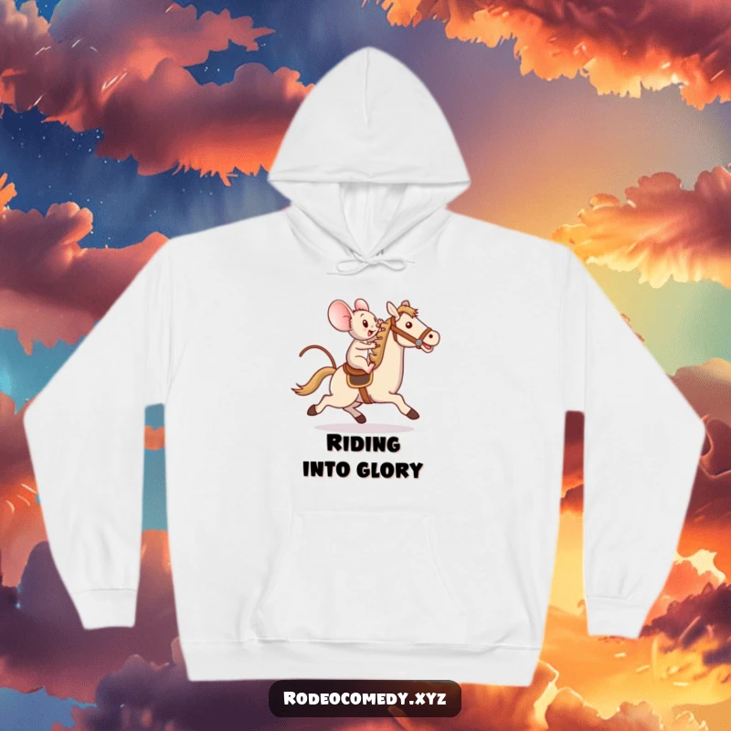 Funny hoodie showcasing a determined mouse bravely riding a toy horse with a triumphant flourish, embodying courage and adventure.