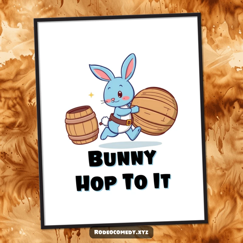 Funny Free Printable Wall Art: Bouncy blue bunny in spurs playfully chasing a rolling barrel, capturing energetic fun.