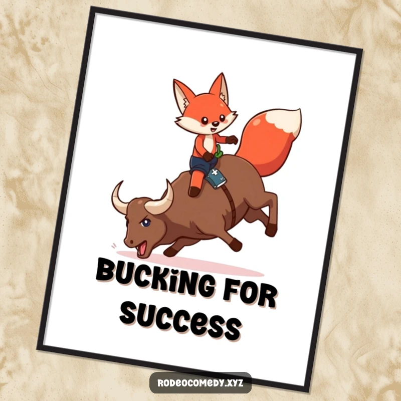 Funny Free Printable Wall Art: Determined red fox in chaps preparing to mount a bucking mechanical bull, capturing excitement.