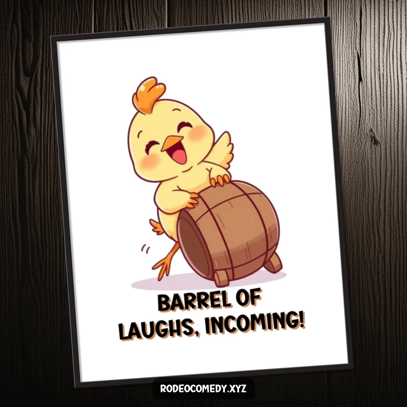 Funny Free Printable Wall Art: An energetic chick gleefully attempting to tip over a miniature barrel with infectious enthusiasm.