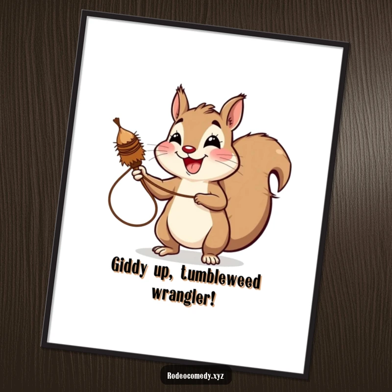 Funny Free Printable Wall Art: A cheerful squirrel with a wide grin playfully lassoing a spinning tumbleweed, creating a scene of wild fun.