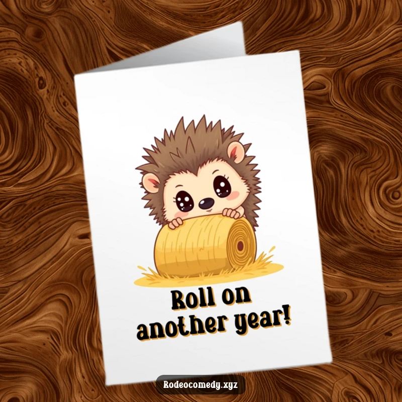 Funny Free Printable Birthday Card: A brave hedgehog with comically wide eyes narrowly dodging a giant rolling hay bale.