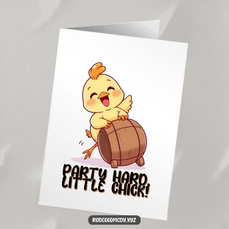 Funny Free Printable Birthday Card: An energetic chick gleefully trying to tip over a miniature barrel, full of birthday mischief.