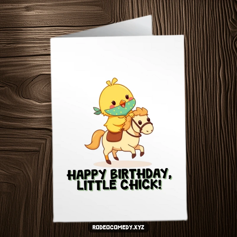Funny Free Printable Birthday Card: Yellow chick in bandana bravely riding a galloping hobby horse, spreading cheer.