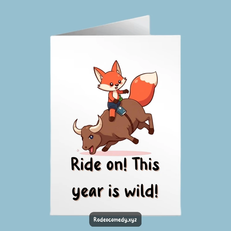 Free Printable Fox Birthday Card: Funny Mechanical Bull Rider AI Art Download