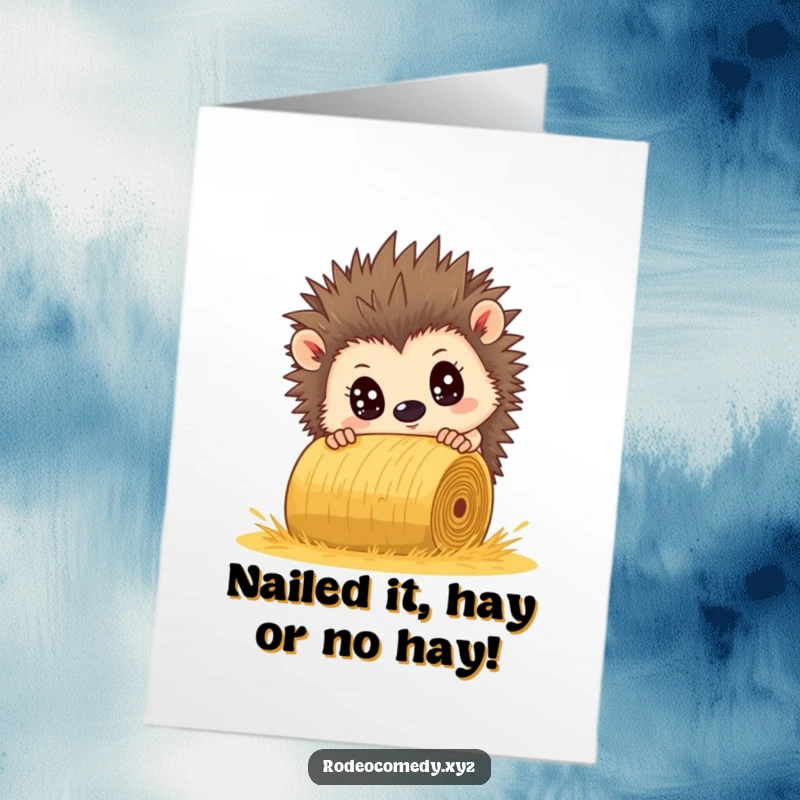 Funny Free Printable Congratulations Card: A brave hedgehog with wide eyes comically dodging a massive rolling hay bale in a close call.