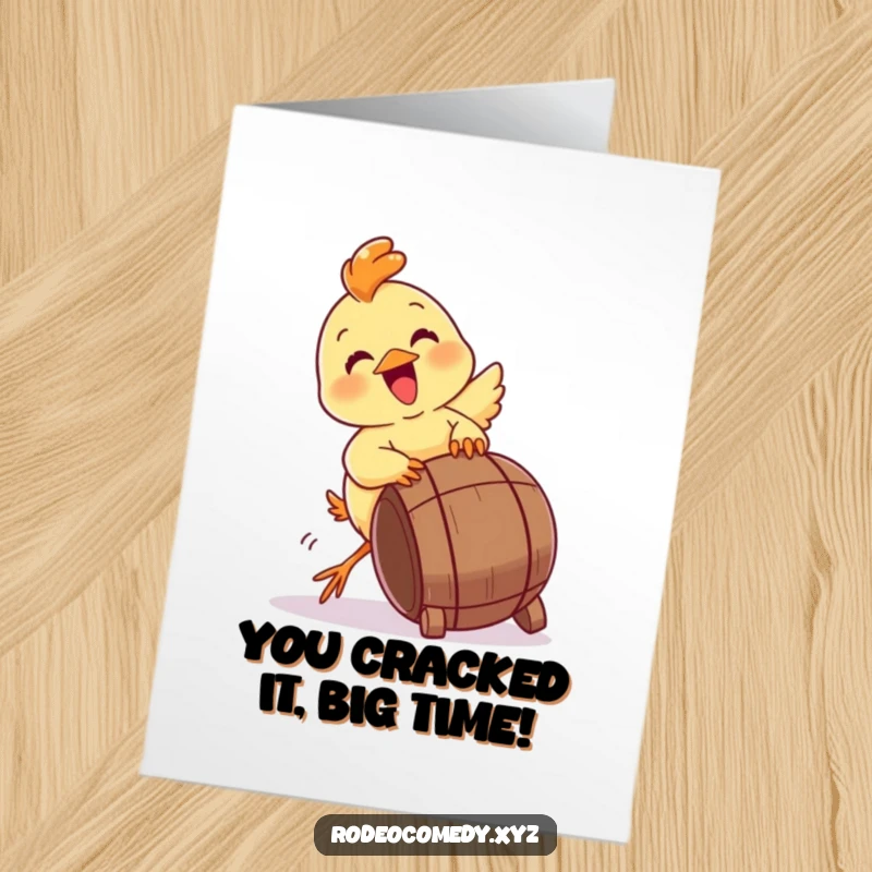 Funny Free Printable Congratulations Card: An energetic chick gleefully attempting to tip over a miniature barrel in a playful celebration.