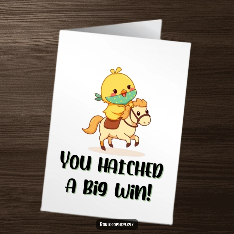 Funny Free Printable Congrats Card: Yellow chick in bandana riding a hobby horse, celebrating milestones with happiness.