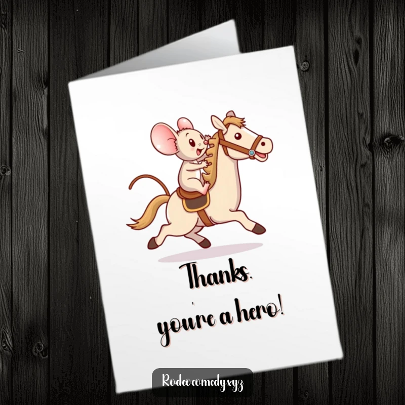 Funny Free Printable Mouse Thank You Card: Mouse bravely riding toy horse with triumphant flourish.