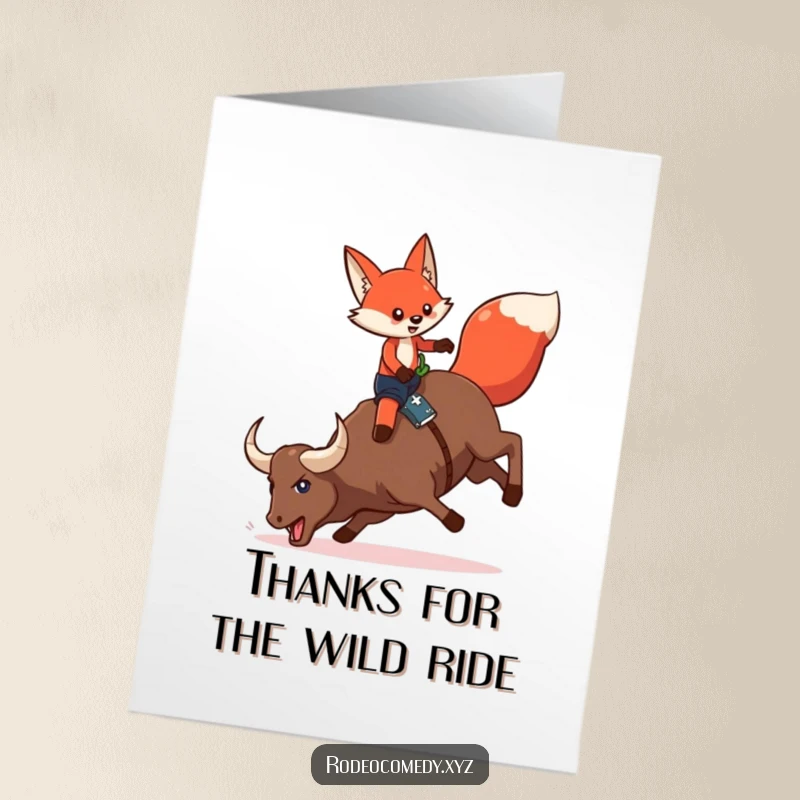 Funny Free Printable Thank You Card: Red fox in chaps ready to ride a bucking mechanical bull, showing thanks.