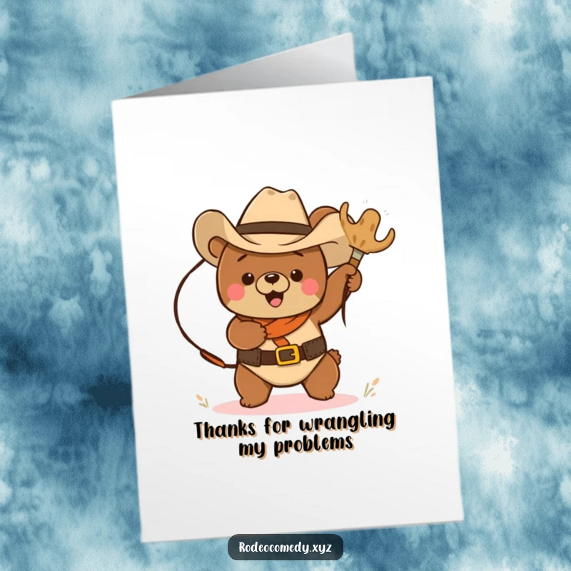 Funny Free Printable Thank You Card: Cowboy bear in hat lassoing a tumbleweed, conveying thanks with Western charm.