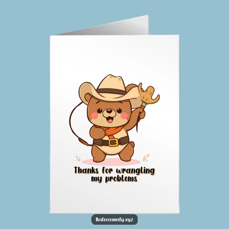 Free Printable Cowboy Bear Thank You Card: Funny Lassoing Tumbleweed AI Art Gift