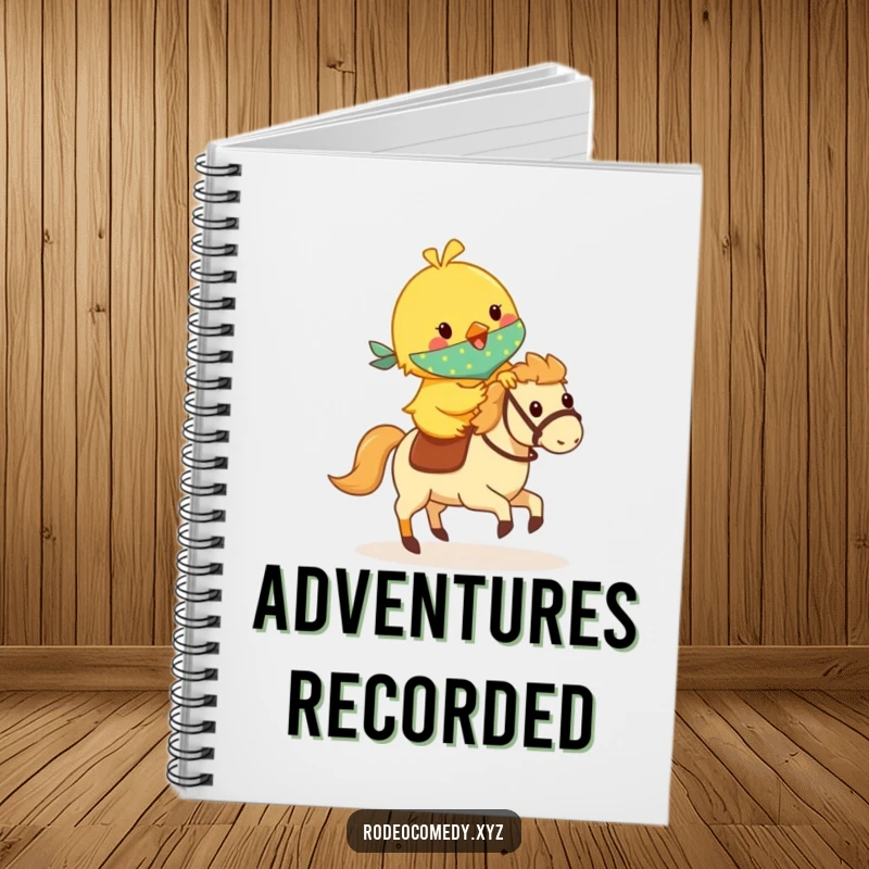 Funny yellow chick in a bandana, riding a small galloping hobby horse, on the cover of a lined notebook for jotting down happy thoughts.