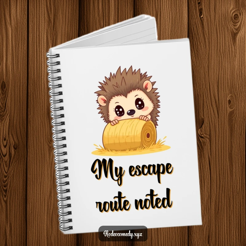 Funny hedgehog notebook, comically wide-eyed, dodging a hay bale. Ideal for jotting down urgent thoughts.
