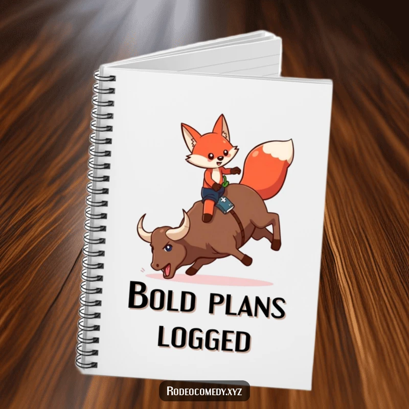 Funny red fox wearing chaps, on a bucking mechanical bull, on the cover of a lined notebook for jotting down daring ideas.