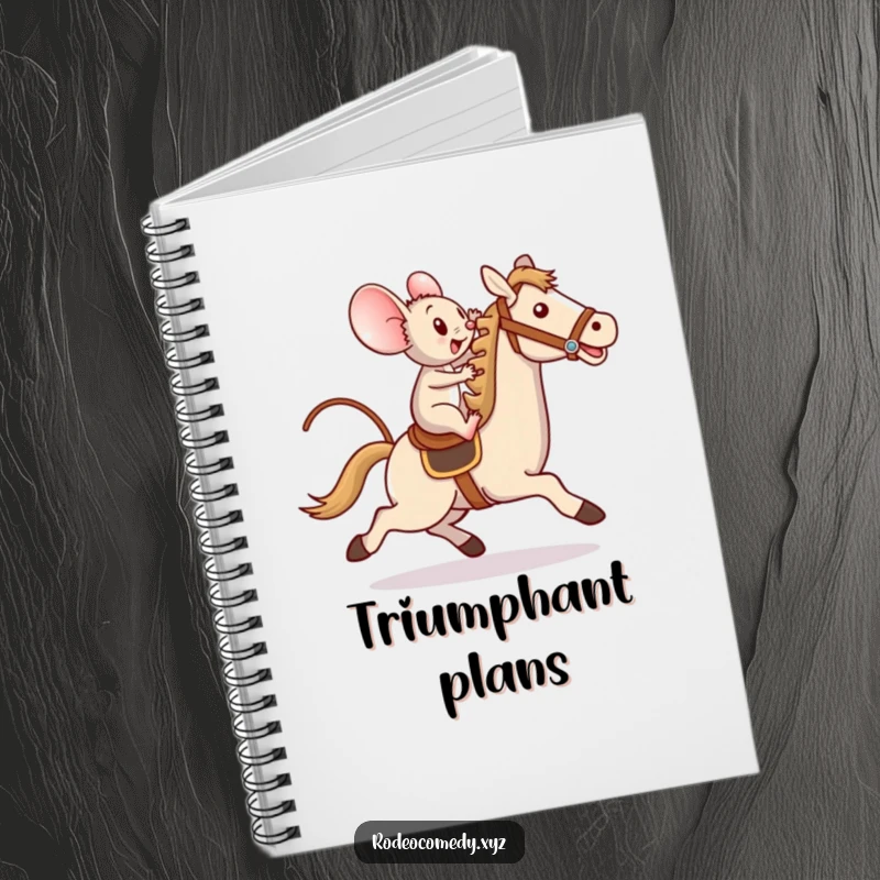 Funny notebook with a determined mouse bravely riding a toy horse, ideal for journaling with a courageous and humorous design.