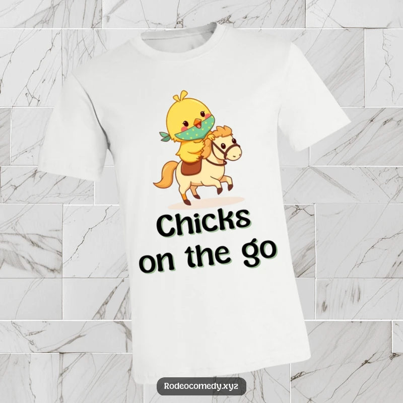 Funny yellow chick wearing a bandana, riding a small galloping hobby horse, on a humorous t-shirt, bringing cute adventure vibes.